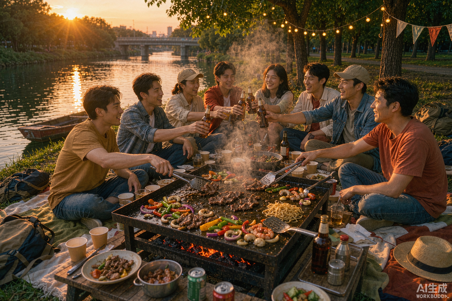 日落江边朋友围坐铁板烤肉